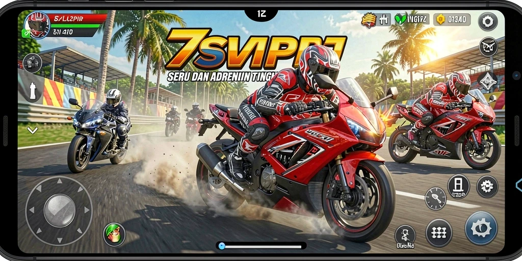 Tangkapan layar gameplay yang menampilkan balapan motor yang mendebarkan.