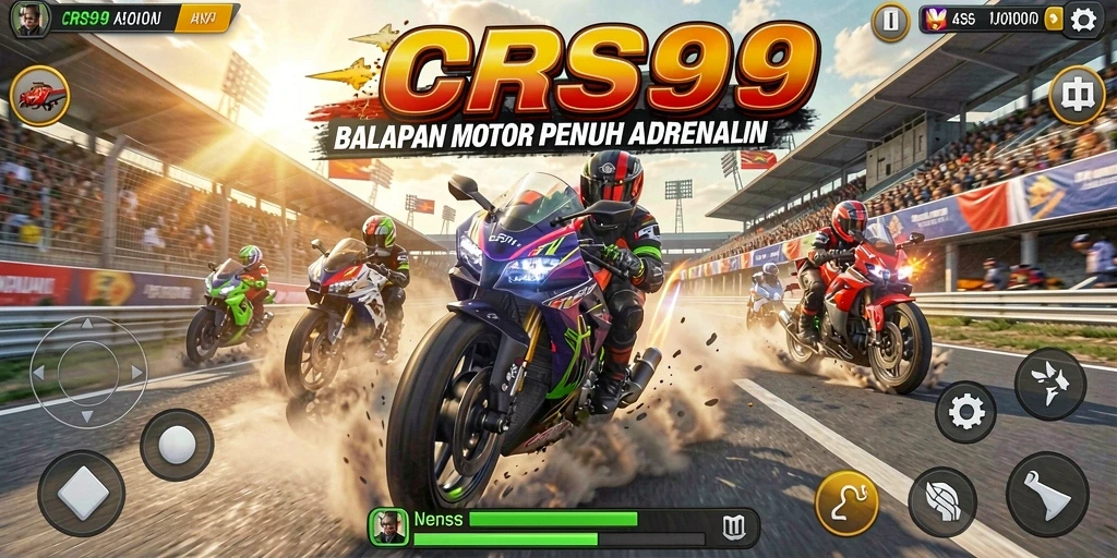 Screenshot utama menampilkan aksi balapan motor yang seru di CRS99.