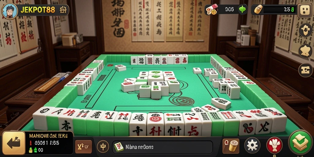 Tampilan gameplay menarik dari JEKPOT88 dengan mahjong yang berwarna-warni.