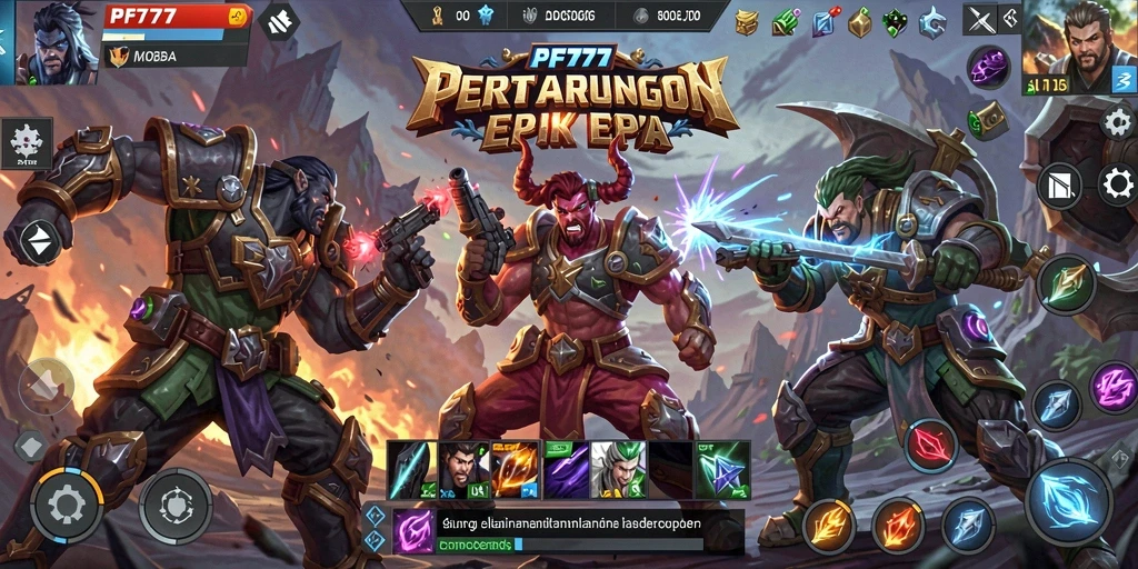 Tampilan dinamis dalam permainan MOBA PF777 saat bertempur.