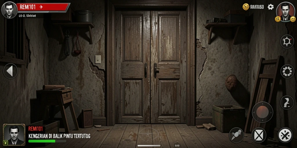 Screenshot gameplay REMI101 yang menunjukkan suasana horor yang mendebarkan.