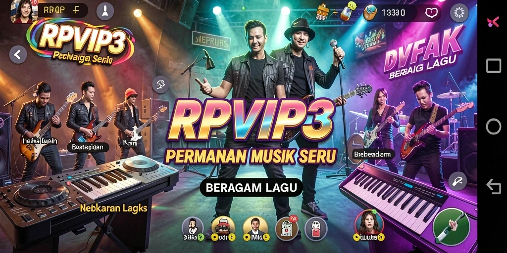 Screenshot utama RPVIP3 menampilkan gameplay seru dengan berbagai lagu.