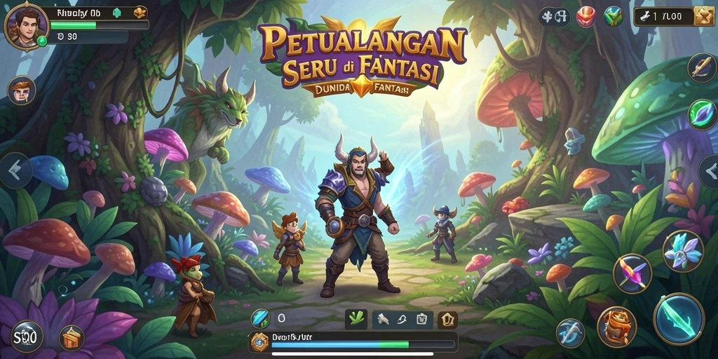 Screenshot menunjukkan karakter utama menjalani petualangan seru di dunia fantasi.