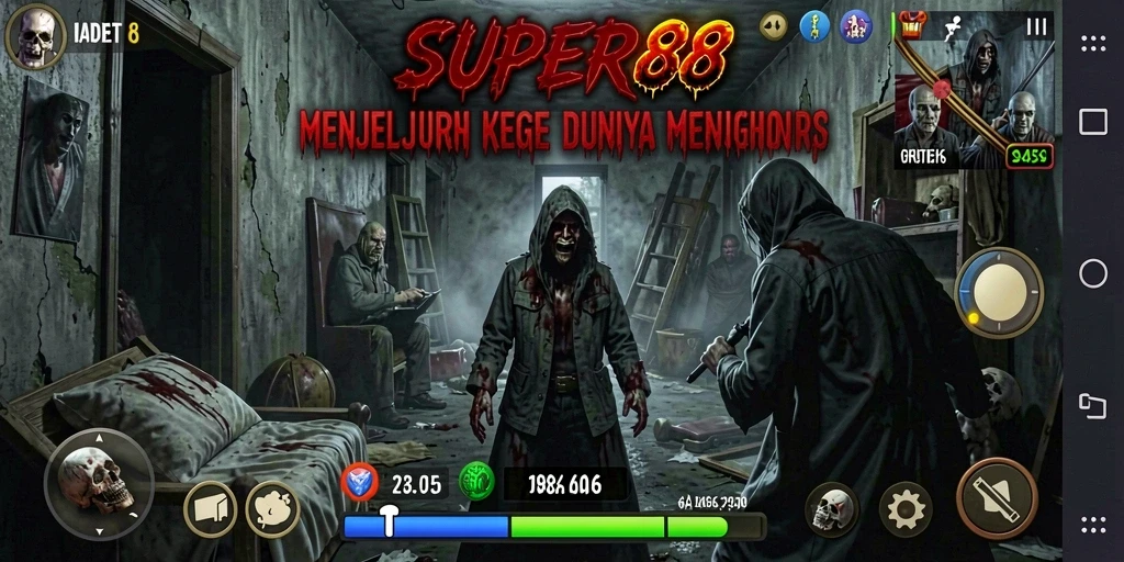 Screenshot SUPER88 menampilkan karakter yang bergelut dengan kegelapan horor.
