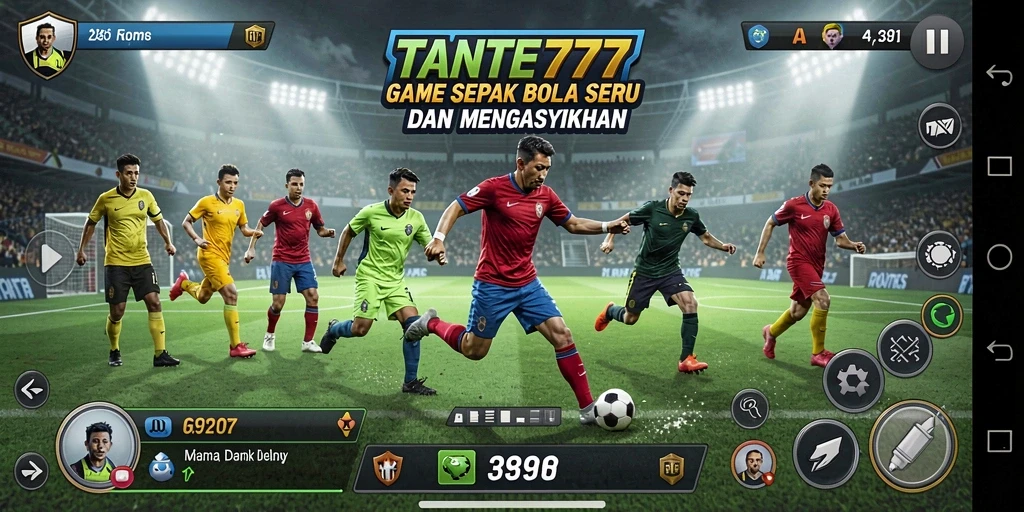 Screenshot gameplay TANTE777 menunjukkan pertandingan sepak bola yang mendebarkan.