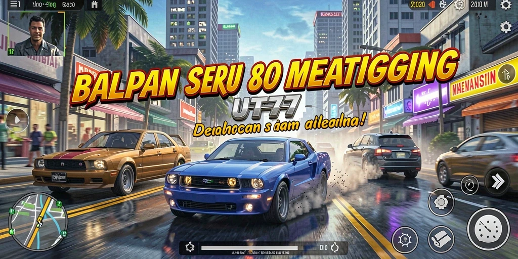 Screenshot gameplay UT77 menampilkan mobil balap di lintasan yang menegangkan.