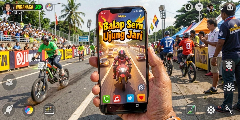 Tampilan utama gameplay WIRANAGA dengan balapan yang seru.