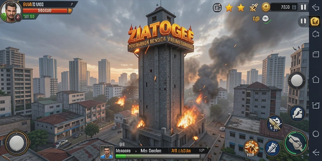 Screenshot ZIATOGEL menampilkan aksi menara pertahanan di tengah pertempuran.
